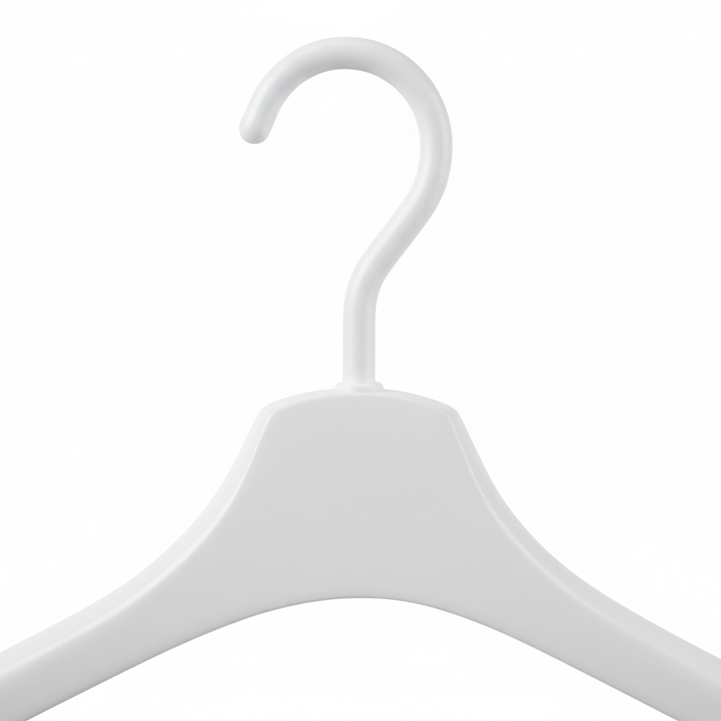 Close-up detail of plastic hanger hook and shoulder