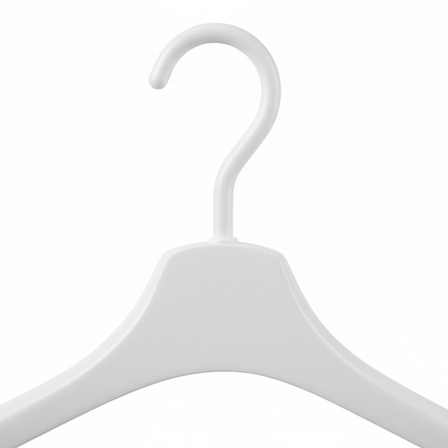 Close-up detail of plastic hanger hook and shoulder