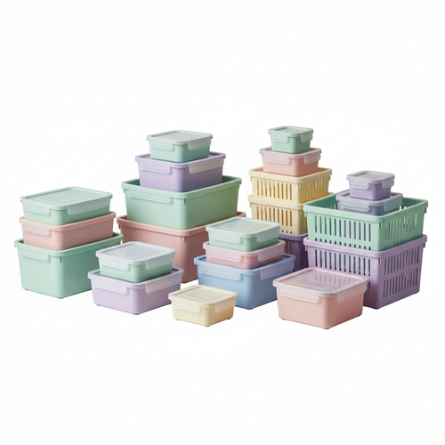 Set of colorful plastic storage boxes in different sizes on white background