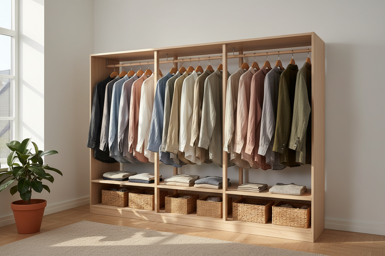 Wooden hangers in a Scandinavian style open wardrobe