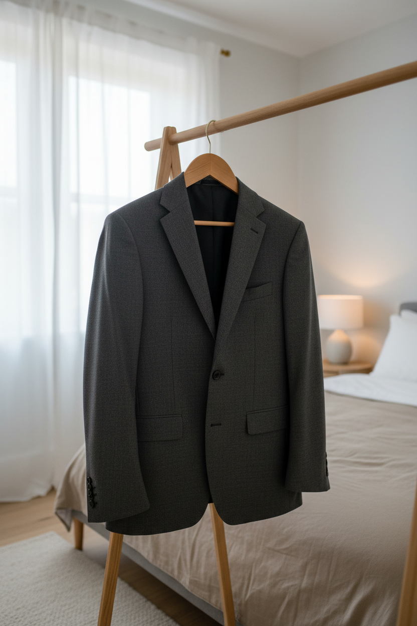 Suit jacket hung on natural wooden hanger in bedroom