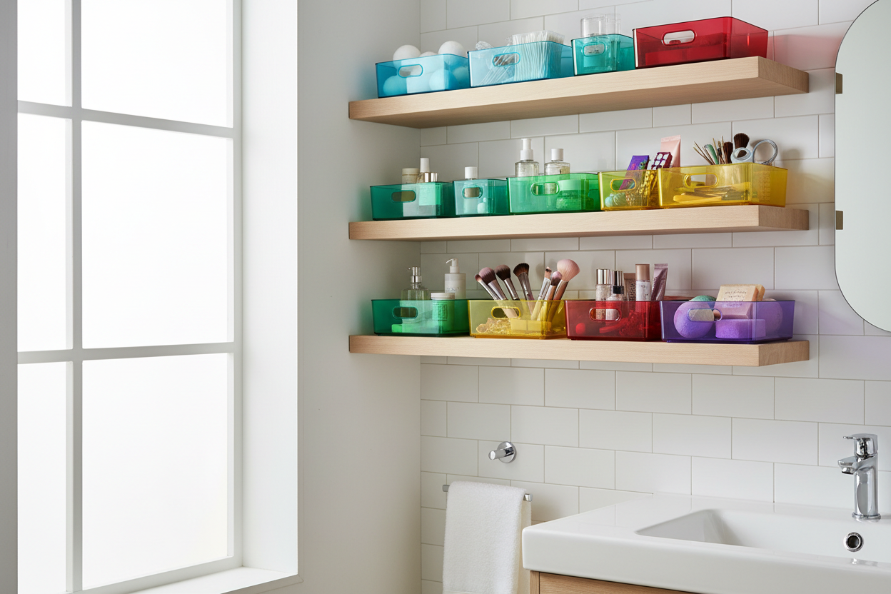 Colorful storage boxes on bathroom shelves with toiletries