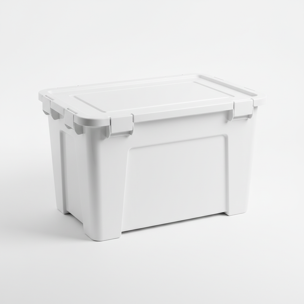 Large heavy-duty white plastic storage box with locking lid