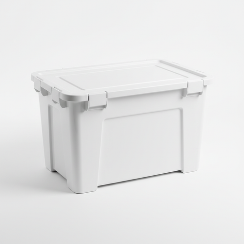 Large heavy-duty white plastic storage box with locking lid