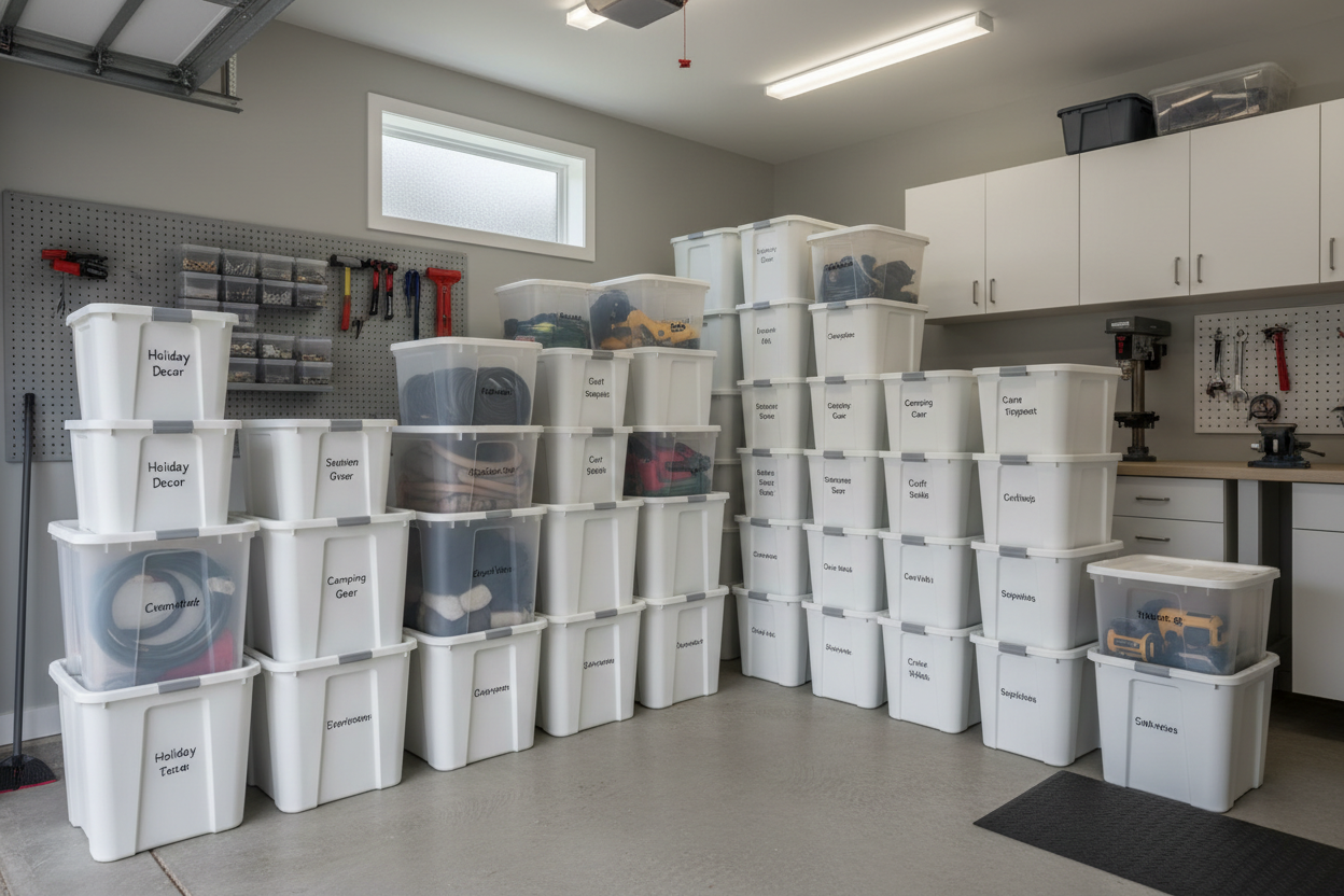 Large plastic storage boxes stacked in a garage