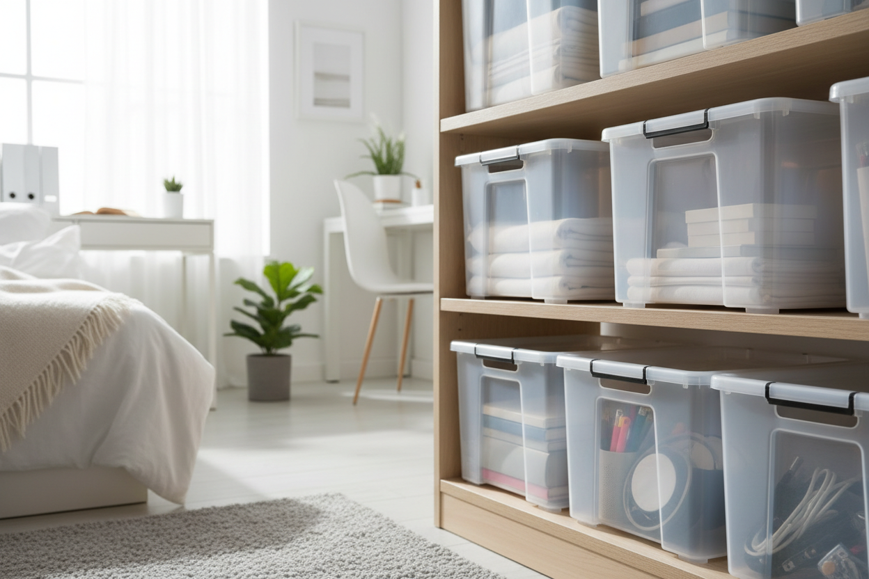Stacked clear plastic storage boxes on a shelf