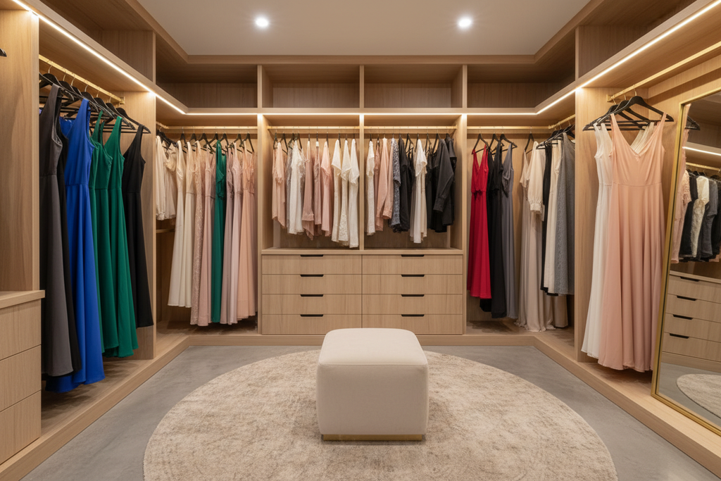 Velvet hangers in a modern walk-in closet with dresses