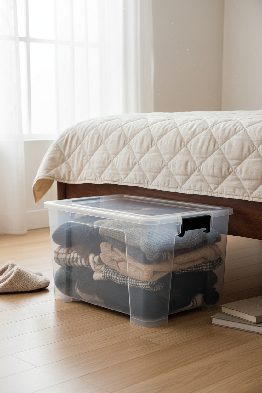Heavy-duty storage box storing winter clothes under a bed