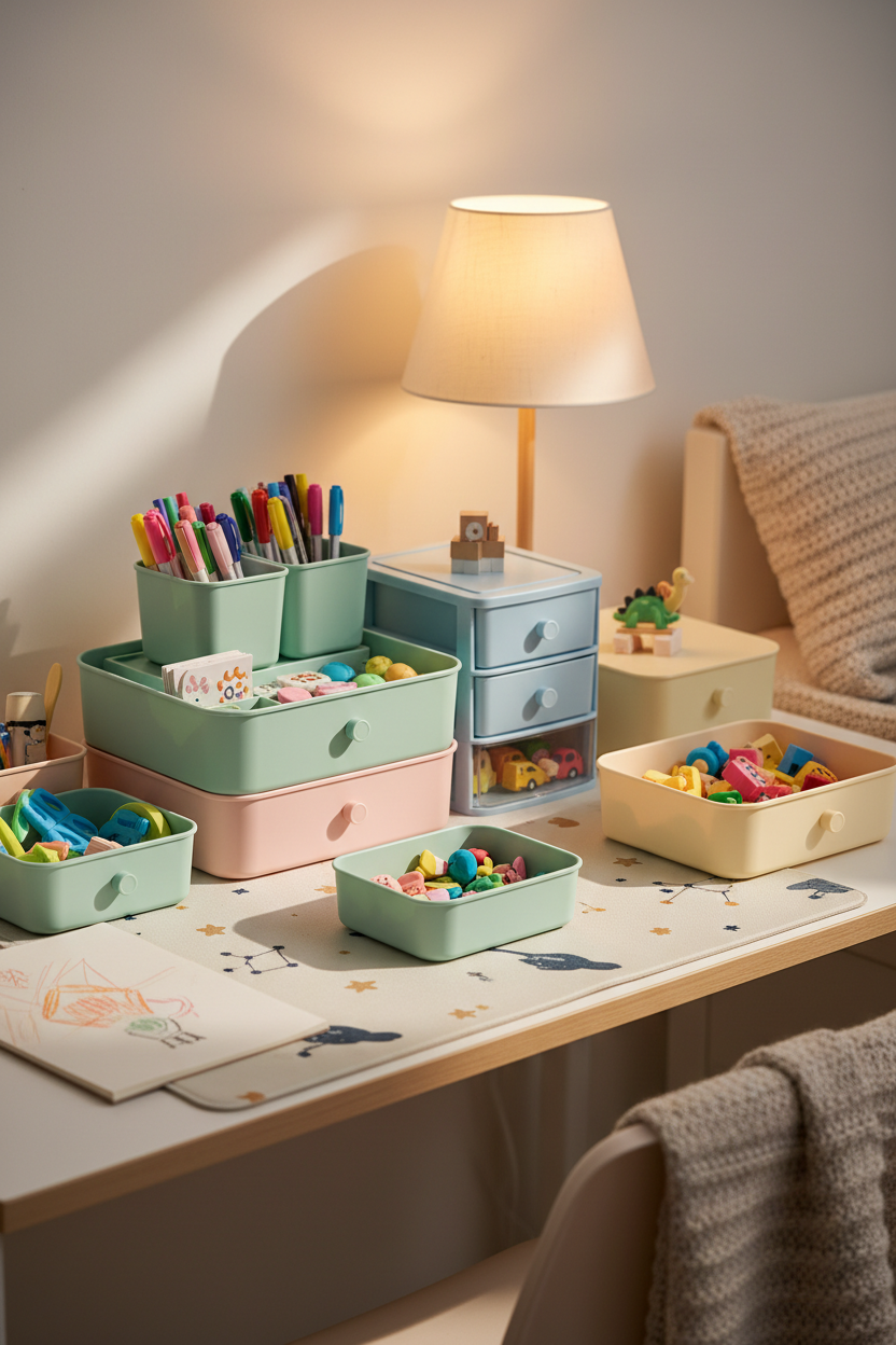 Pastel storage boxes organizing a child's bedroom desk