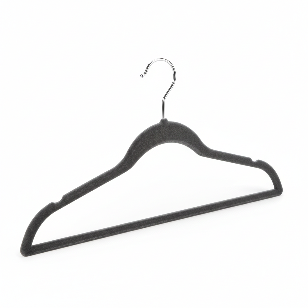Slim velvet non-slip clothes hanger in dark gray on white background