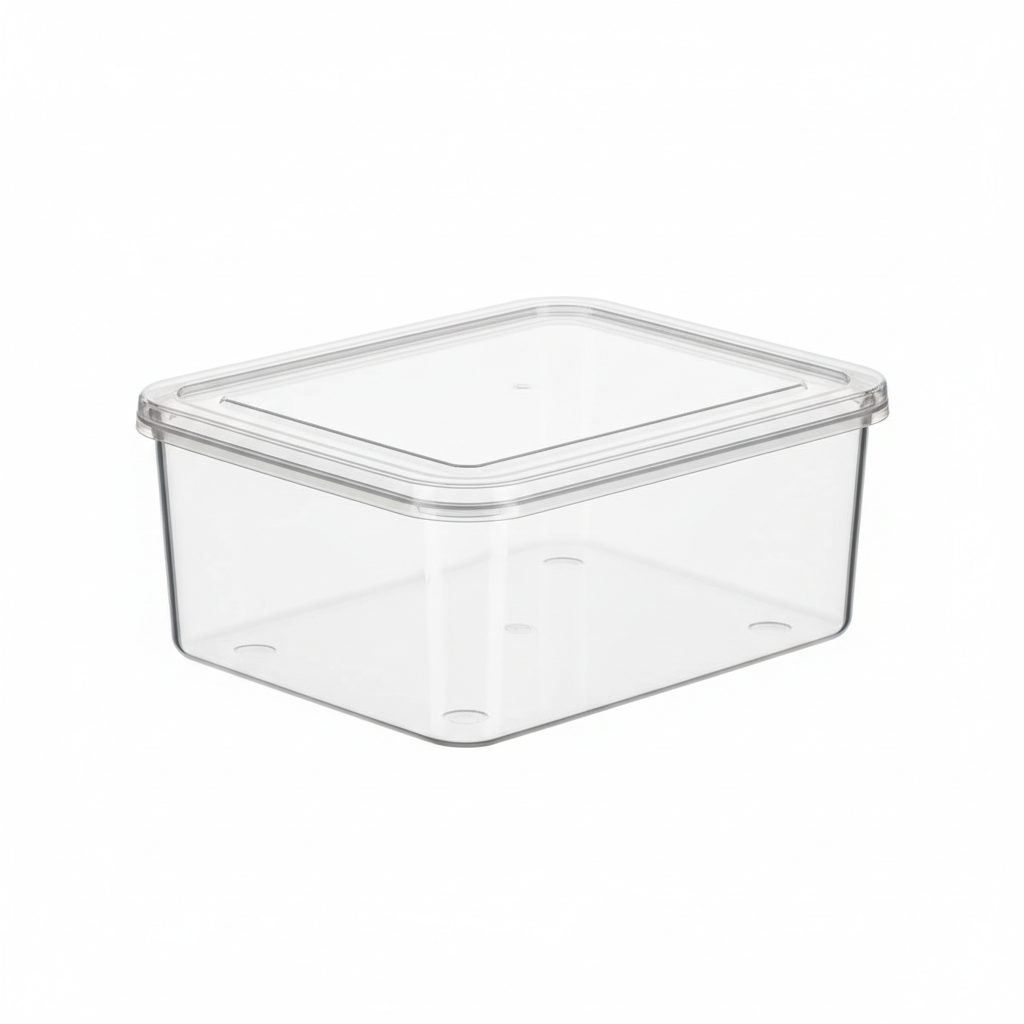 Clear plastic storage box with lid on white background