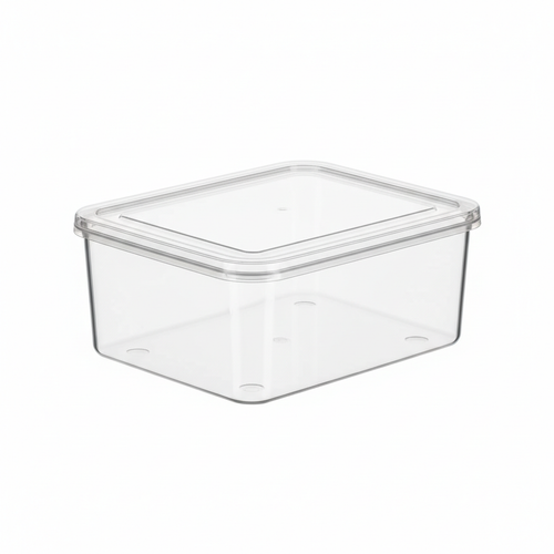 Clear plastic storage box with lid on white background