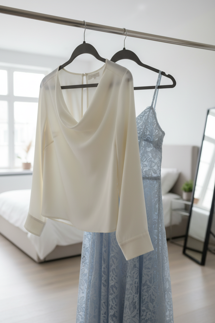 Silk blouse and dress hung on velvet non-slip hangers