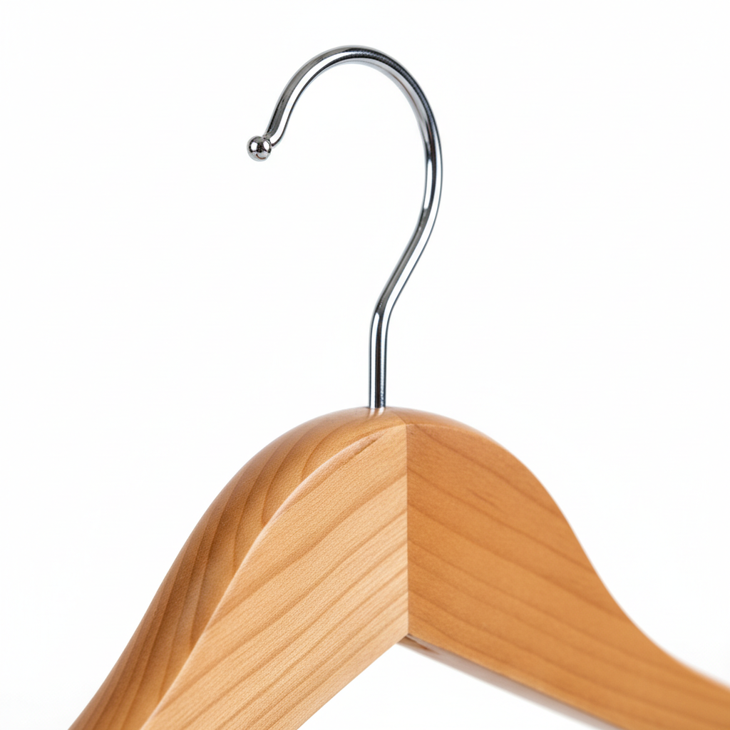 Close-up of wood grain texture and chrome metal hook