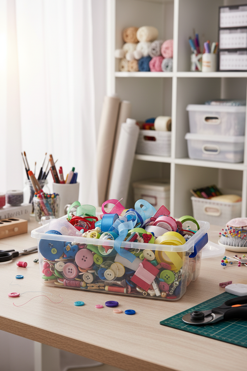 Clear storage box filled with craft supplies on a desk