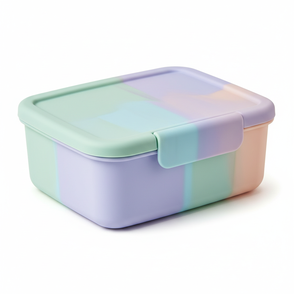 Close-up of pastel plastic storage box rounded corners and lid
