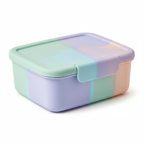 Close-up of pastel plastic storage box rounded corners and lid